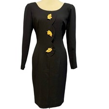 Vintage Talbots Petites Dress 8 Black Sheath Gold Scalloped 80s Power Mob Wife