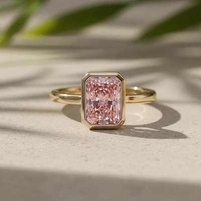 2CT Radiant Cut Light Pink Moissanite Solitaire Engagement Ring Bezel Promise Ri