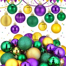 64 Pcs Mardi Gras Ornaments Glitter Purple Yellow Green Ball Ornament 1.6/1.9...