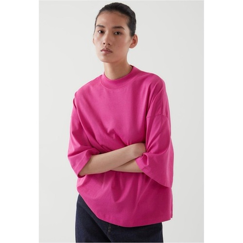 COS Short Sleeve Mock Neck Boxy Berry Oversized Tee in Hot Pink