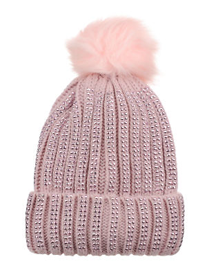 New! D&Y Warm Knit Cuffed Beanie With Studs & Faux Fur Pom / Studded Beanie! 