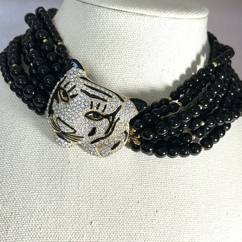 VTG Kenneth Lane Necklace Tiger Rhinestone Clasp Excellent KJL Statement Choker - Picture 3 of 8