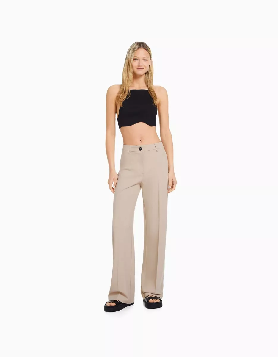BERSHKA WIDE LEG WOMAN S PANTS WITH BELT LOOPS AND DARTS SIZE 36