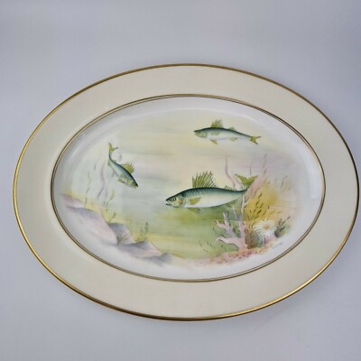 20. Jahrhundert Minton 16'' Servierschale/Platte bemalt Fisch von L. Sumner Bass #1