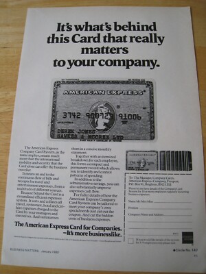 AMERICAN EXPRESS CARD DEREK JONES HAWKES MCCRE 1980 ADVERT APPROX A4 SIZE FILE10