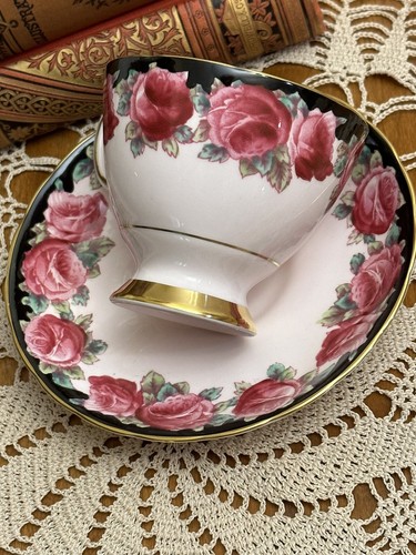 Tuscan PINK Roses Black & Gold Accents Bone China Teacup & Deep Saucer England - Picture 2 of 3