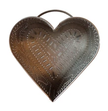 Pierced Tin Metal Heart Shape Table Decor Container on Legs Primitive Style