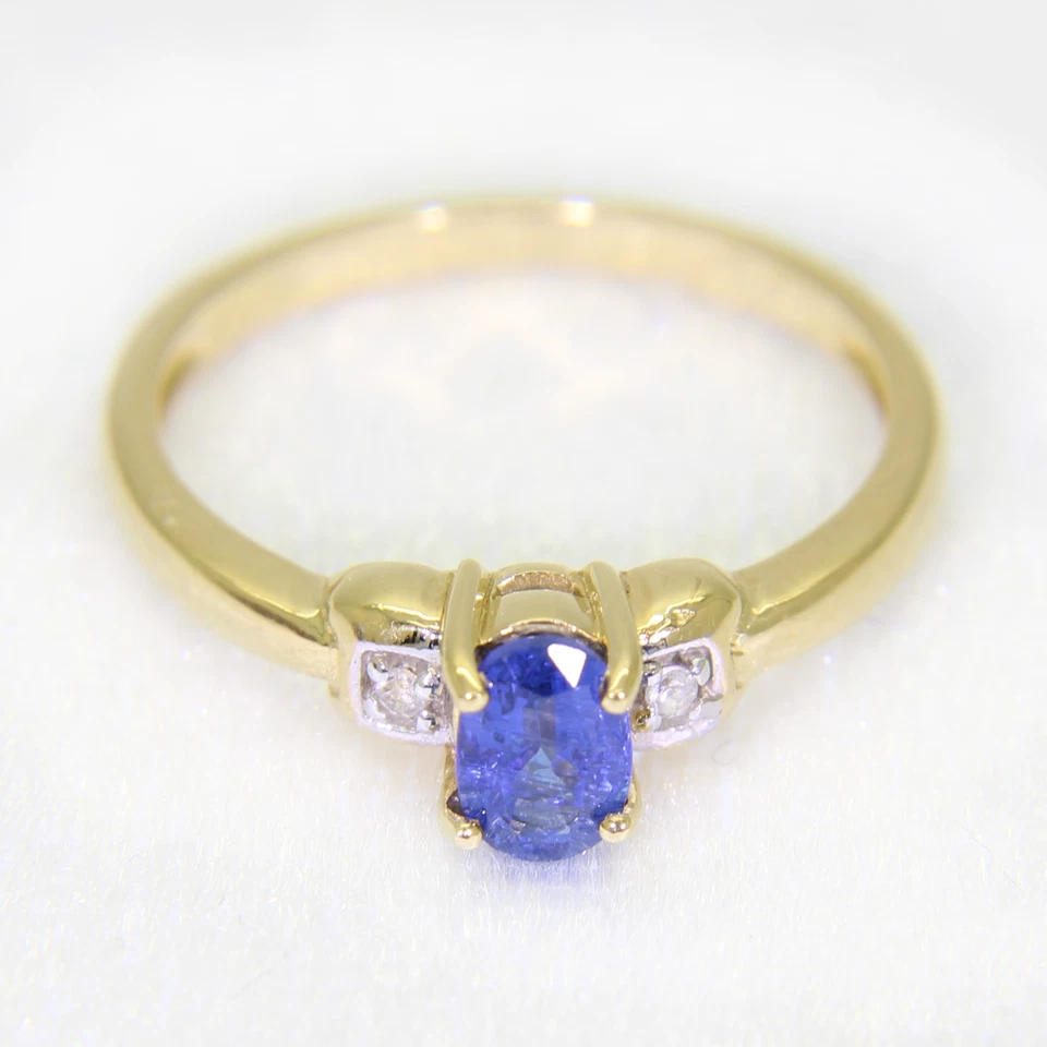 Anillo vibrante de oro amarillo de 9 quilates de cianita y circón blanco talla N ~ 6 3/4 Foto 4 de 4