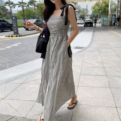 Vintage Striped Strapless Maxi Dress 2025 Women’s Casual High Waist A-Line Dress