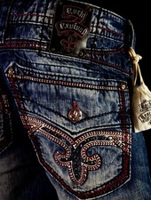 220 Mens Rock Revival "Feeney" Red Swarovski Leather Inserts Straight 33 X 33