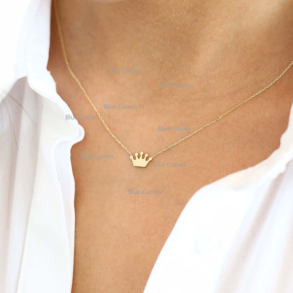 14k Yellow Solid Plain Gold Tiny Crown Pendant, Princess/King