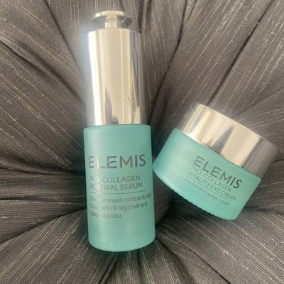 Leeres Konvolut Elemis Pro Collagen Augencreme Dose & Serumflasche