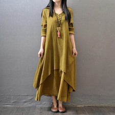 Womens Casual Kaftan Tunic Gypsy Maxi Dress Boho Cotton Linen Long Sleeve Dress