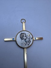 Boys first communion gold tone cross with blue rhinestones