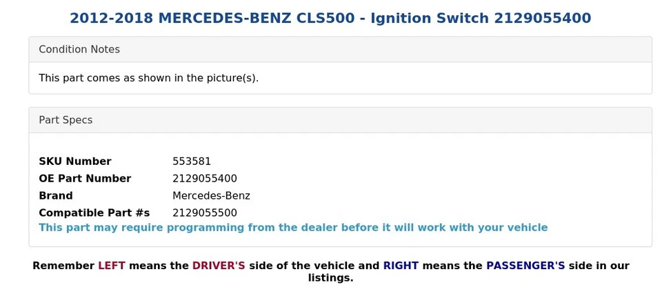 Mercedes-Benz CLS500 2012-2018 - Interruptor de encendido 2129055400 Foto 4 de 4