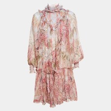 Zimmermann Multicolor Botanica Print Chiffon Smocked Mini Dress L