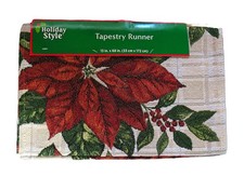 Holiday Style  Tapestry Table Runner Poinsettias w/Gold Thread 13" X 68" NEW