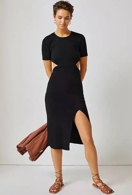 ANTHROPOLOGIE Bordeaux Cutout A-Line Midi Dress size Small Black Ribbed NWT