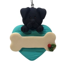 Black Puppy Dog on Teal Heart with Bone Christmas Ornament Handmade Polymer Clay