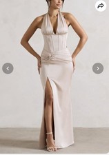 Club L London Champagne Satin Halter Corset Lace-Up Slit Maxi Dress UK 10