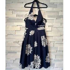 ADRIANNA PAPELL Halter Midi Dress Bold Floral Navy White 8 Feminine Flounce 