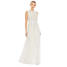 Mac Duggal Size 12 NEW 9137 Ivory Embroidered High Neck Sleeveless Ruffled Gown