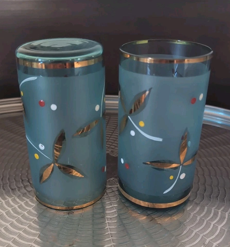 6 Art Deco Bohemia Blue Frosted Glass Tumblers Hand Painted Dots & Gilt 260ml - image 2 of 4