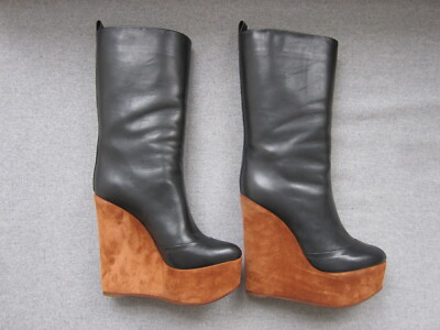 CELINE WEDGE BOOTS BLACK BROWN SIZE 37 *NEW* WITH BOX