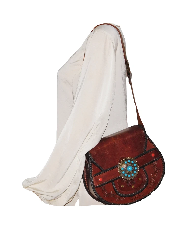 Vintage Brown Hand Tooled Leather Shoulder Bag Brass Studs Hippie Boho 60s 70s - Image 3 of 4