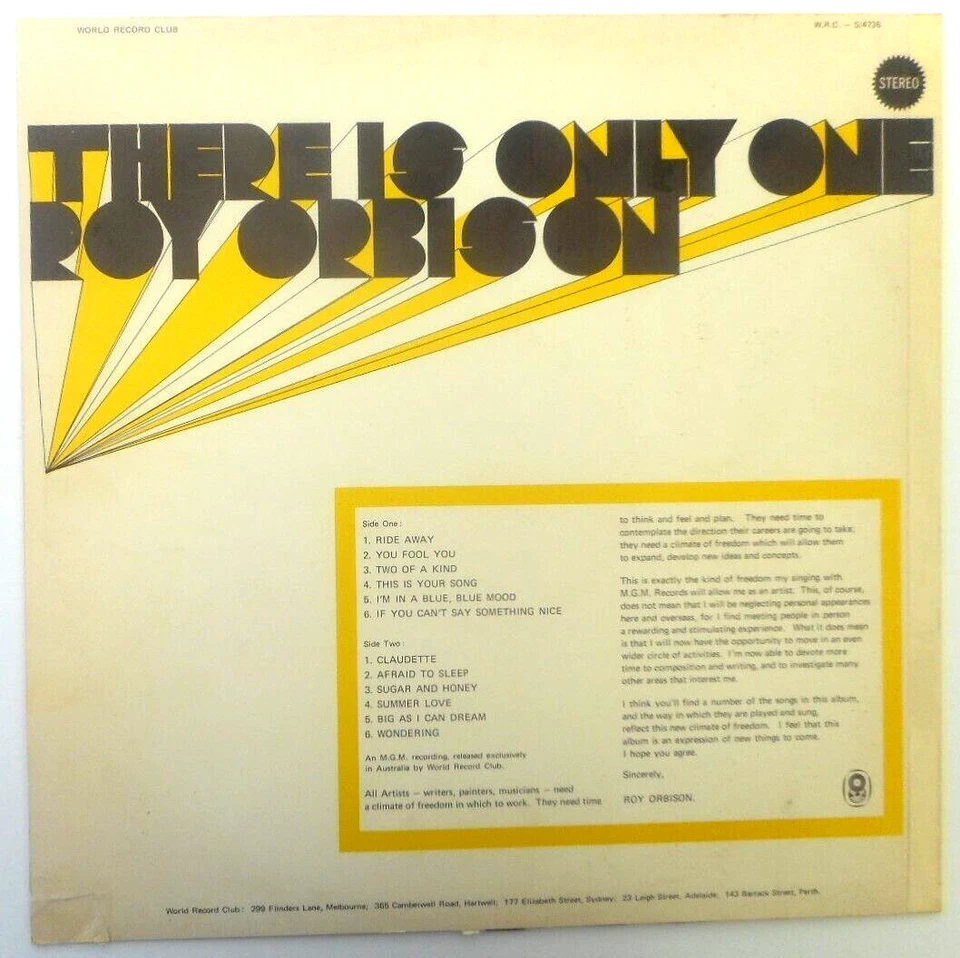 ROY ORBISON There Is Only One LP World Record Club AUSTRALIAN ONLY NM * RARE - Image 3 of 3