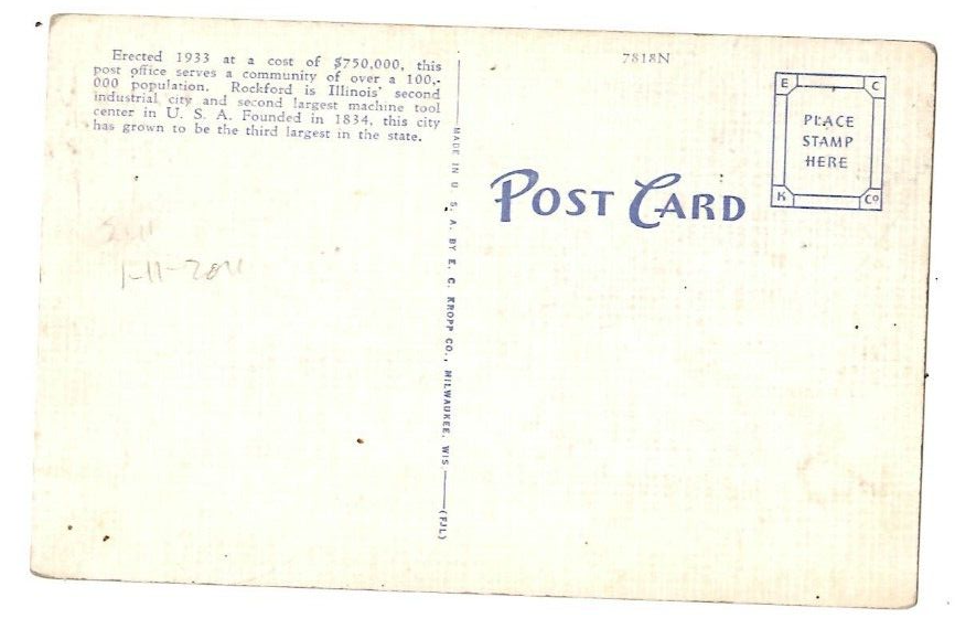 Post Office Rockford Illinois 60 Postcard Linen Unposted E.C. Kropp eBay