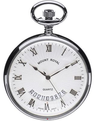 Taschenuhr mit Kalender verchromt offenes Gesicht Quarzwerk mit Kette