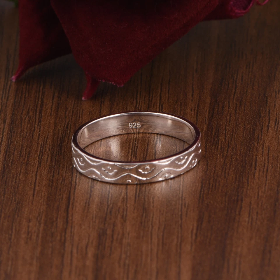 925 Sterling Silver Textured Swirl Band Ring Flower Leaf Engraved Ring For Women - Image 2 of 4
