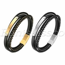 Men's Multi Layer Braided Leather Magnetic Buckle Bracelet Bangle Free Engraving