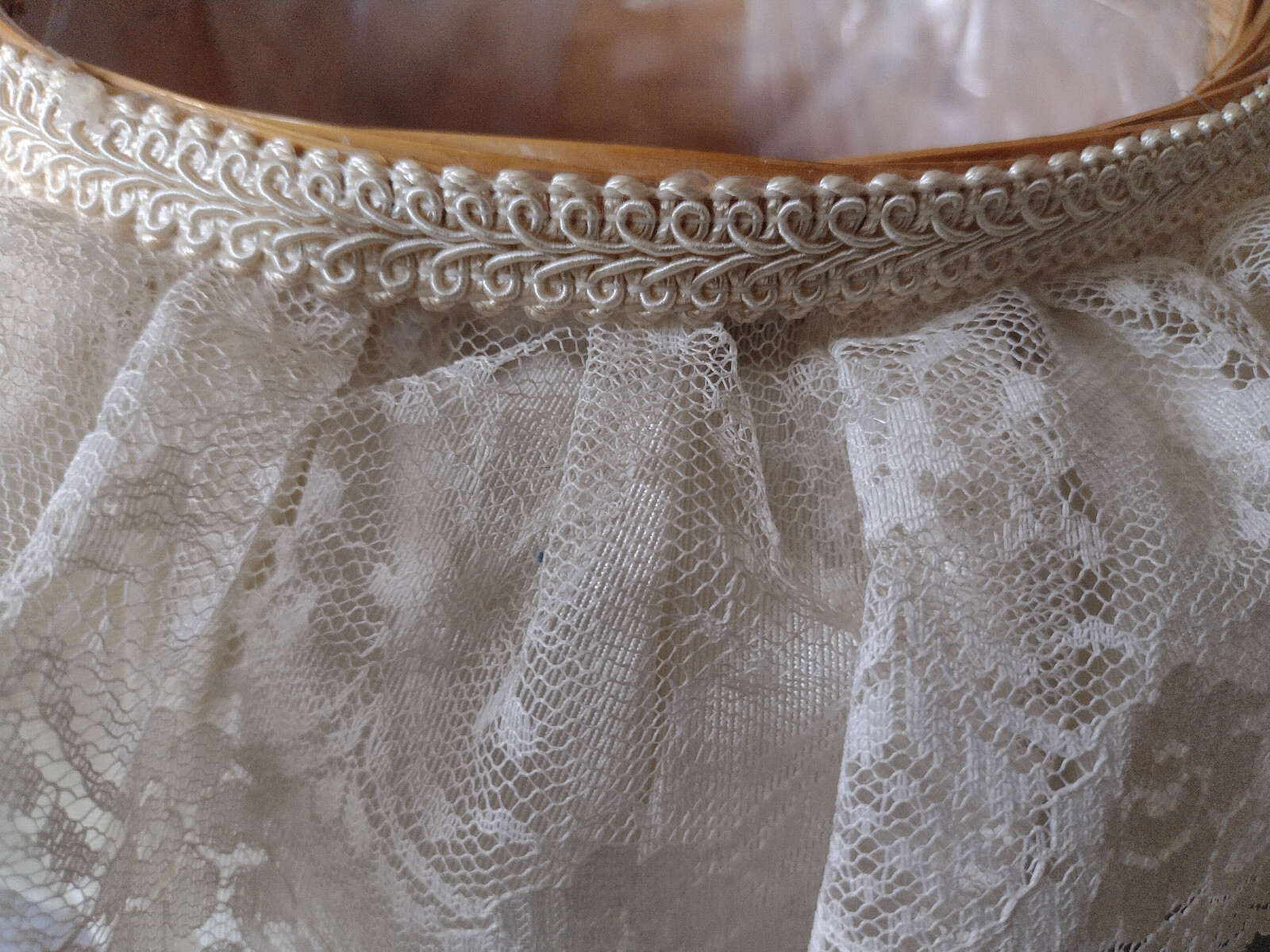 Sewing Basket Round Ornate Decorated White Lace Trim with Accessories