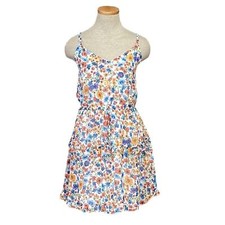 by & by Dress Womens Large Blue Orange Floral Spaghetti Straps V Neck Ruffles