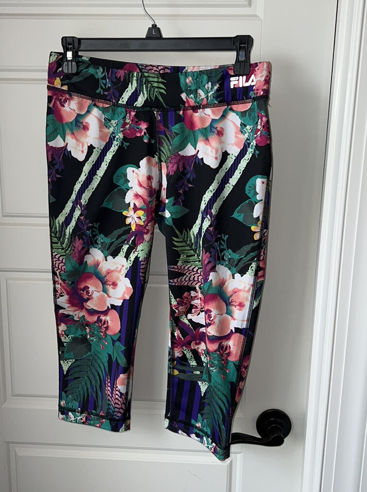 Leggings Fila Running Righe Floreali Stampa Cropped Capri Active Rosa Verde Small