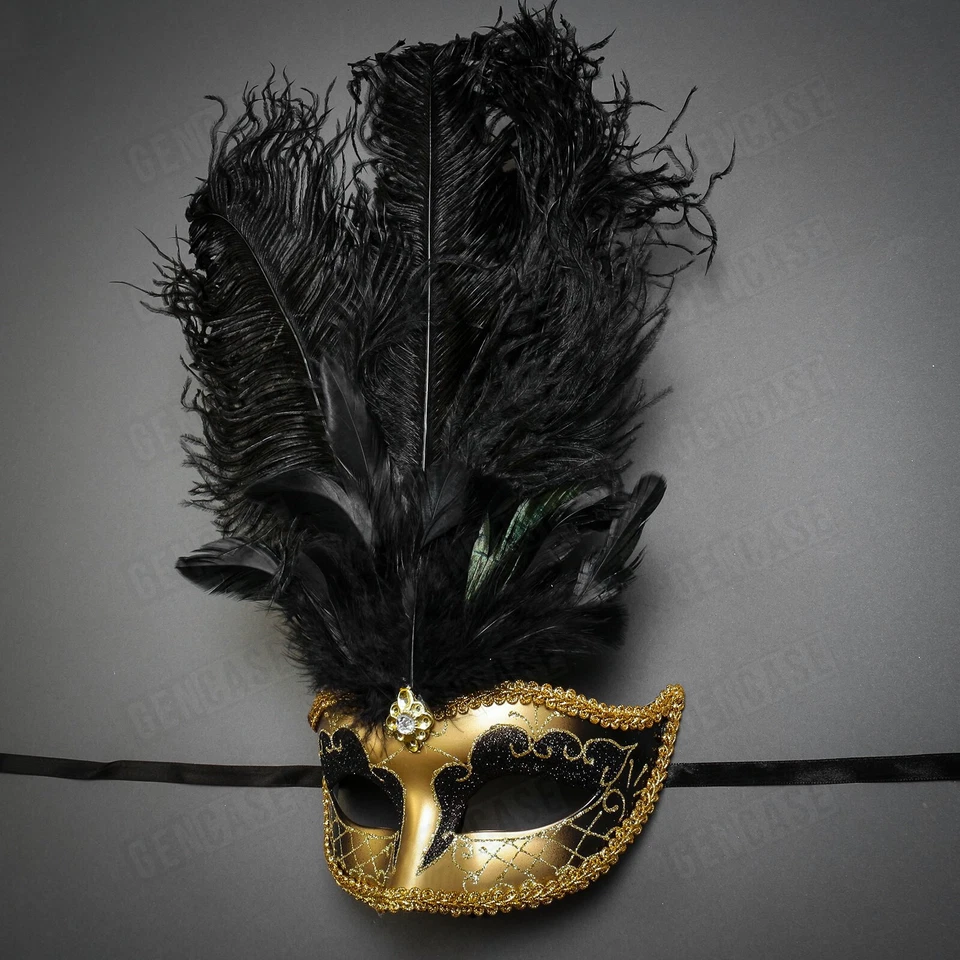 Gold Mardi Gras Glitter Party Masquerade Ball Tall Black Feather Women Eye Mask - Image 4 of 4