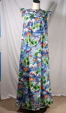 Vintage Hilo Hattie Dress Sleeveless Long Blue Aloha Hawaiian Women's Sz Medium
