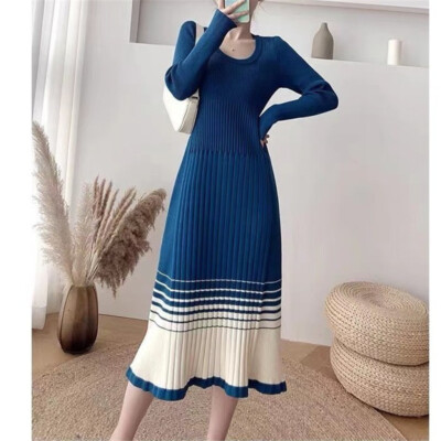 Autumn Winter Sweater Dress Women Slim Long Sleeve Stripe A-Line Knitting  Dress | eBay