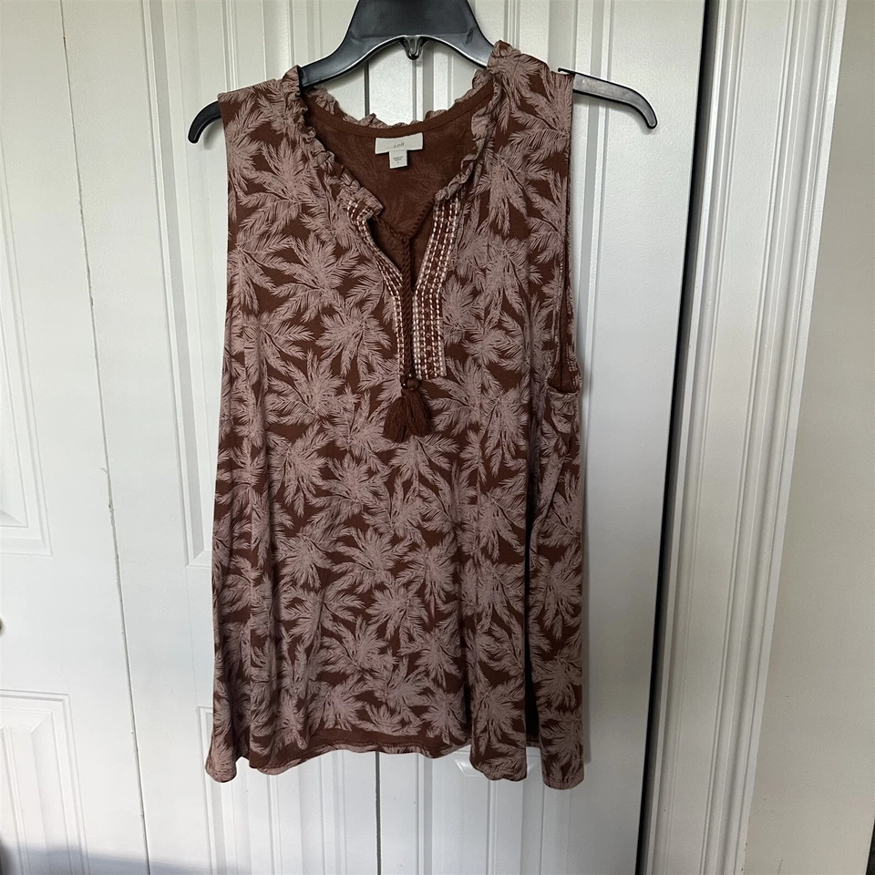 Túnica J. Jill Bellisima Top Palma Tropical Mujer Grande Marrón Rosa Volantes Cuello Foto 3 de 4