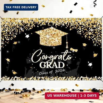 PARTY KNIGHT Graduation Decorations 2026 - Black and Gold Graduation Backdrop an