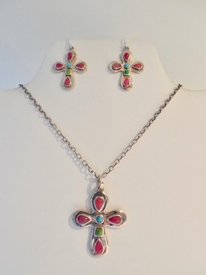 VINTAGE USA BARSE Sterling Silver PINK & TURQUOISE Cross Necklace Earrings Set