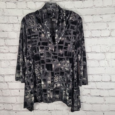 Damee Inc Black Geometric Velvet Swing Tunic Top Sz S Cowl Neck Oversized Tunic