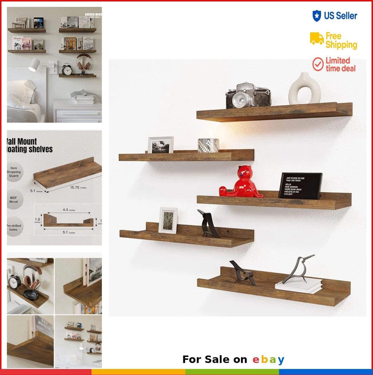 Floating Shelves 5 Pack 15.75x5.1x1.8 Inch Wall Mounted Book Shelf with Lip