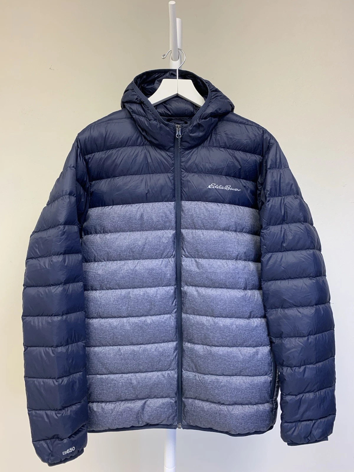 Eddie Bauer Mens XL Puffer Down Jacket Hooded Blue Navy