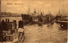 Hamburg Hafen mit Dock. 1912 ngl. Dampfer Barkasse Dampfschiff