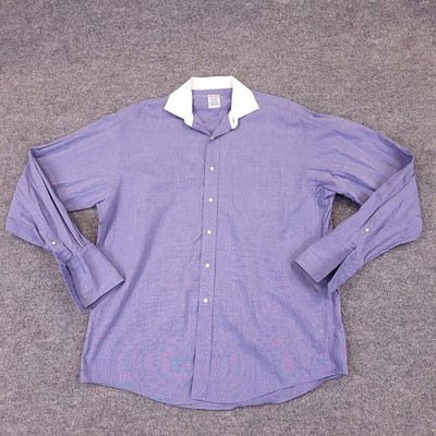 Brooks Borthers Dress Shirt Mens 16.5 6 Blue Micro Check Contrast Collar Cotton