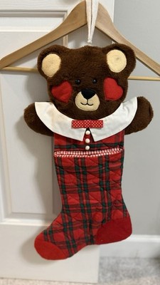 Vintage Teddy Bear Hearts Christmas Stocking Red Plaid Holiday Plush Bowtie