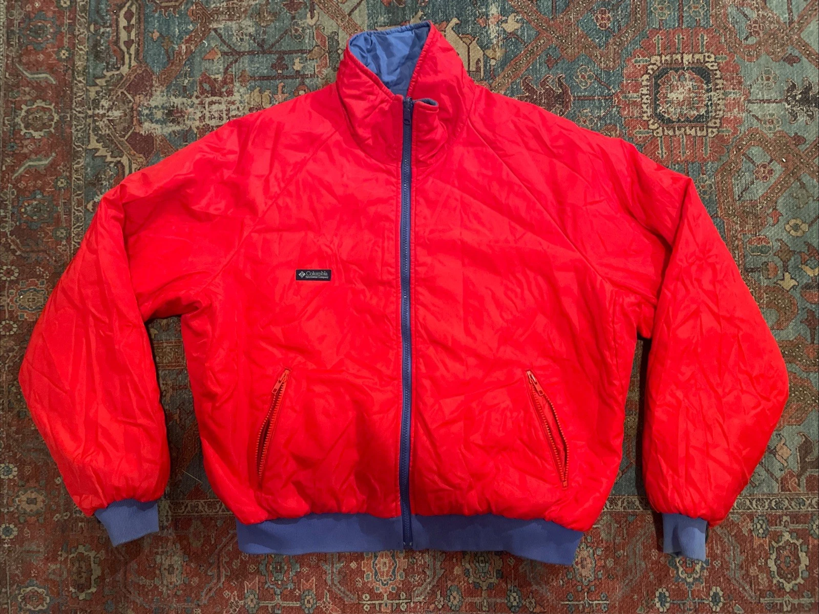 Vtg 90s Columbia Reversible Nylon Puffer Jacket Red/Royal Blue Large Gaper Ski